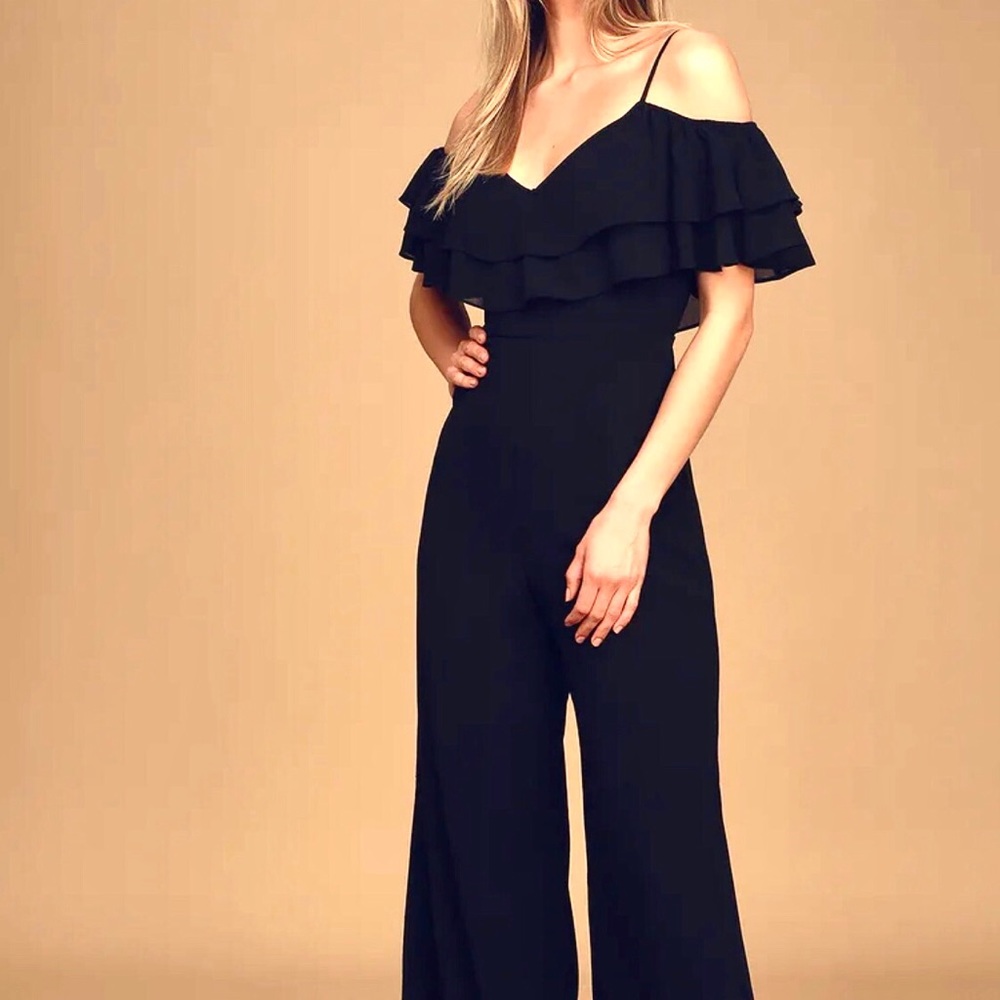 Lulu’s Black Ruffled Wide-Leg Luxurious Jumpsuit